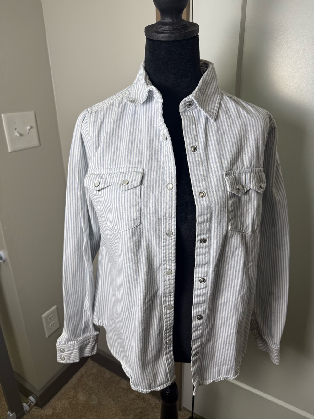 Cotton Rye 100% Cotton Pearl Snap Long Sleeve Blue White Stripe Blouse Shirt‎ S